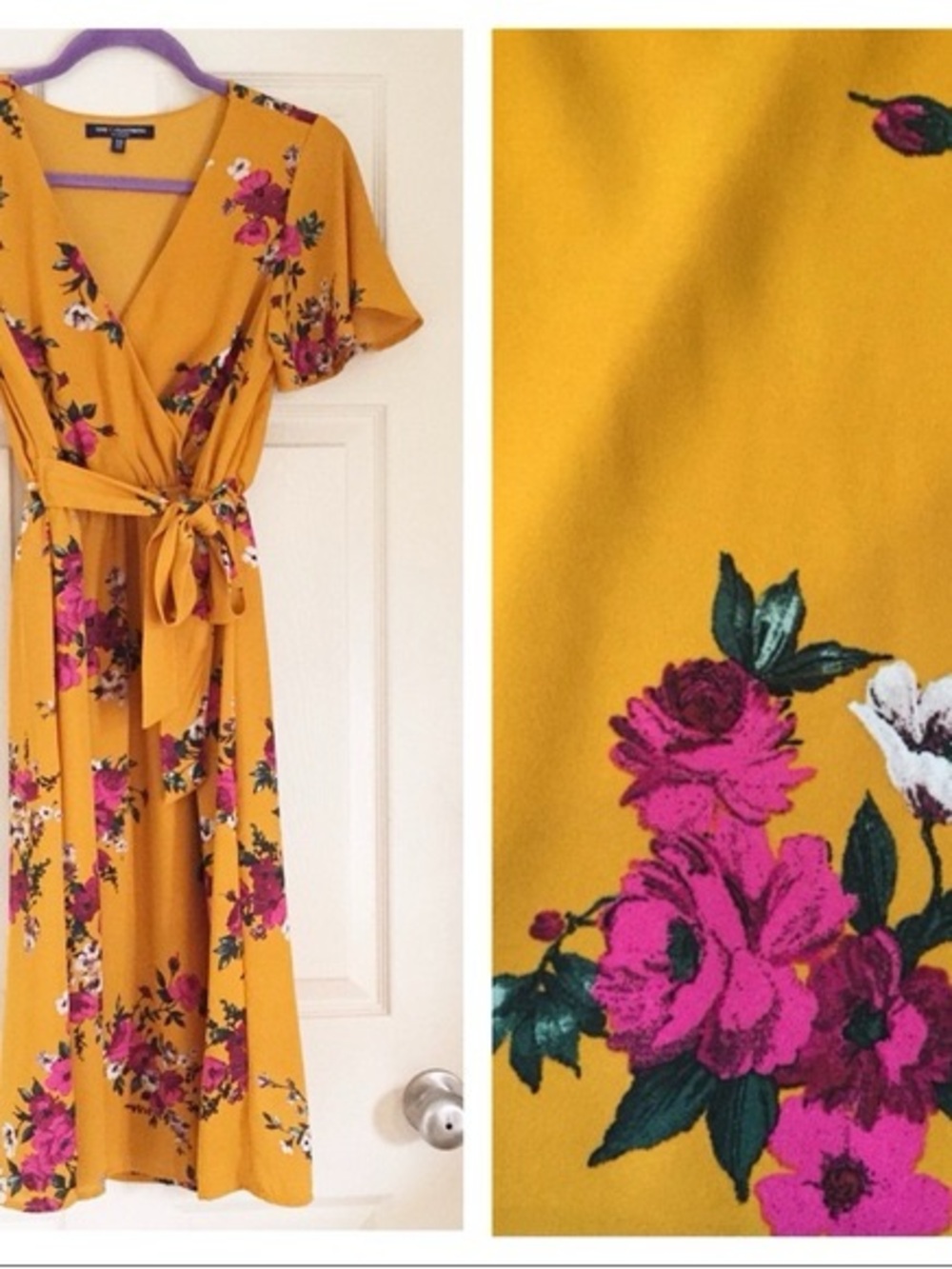 one clothing Mustard Wrap Midi Dress with Pink Floral Print